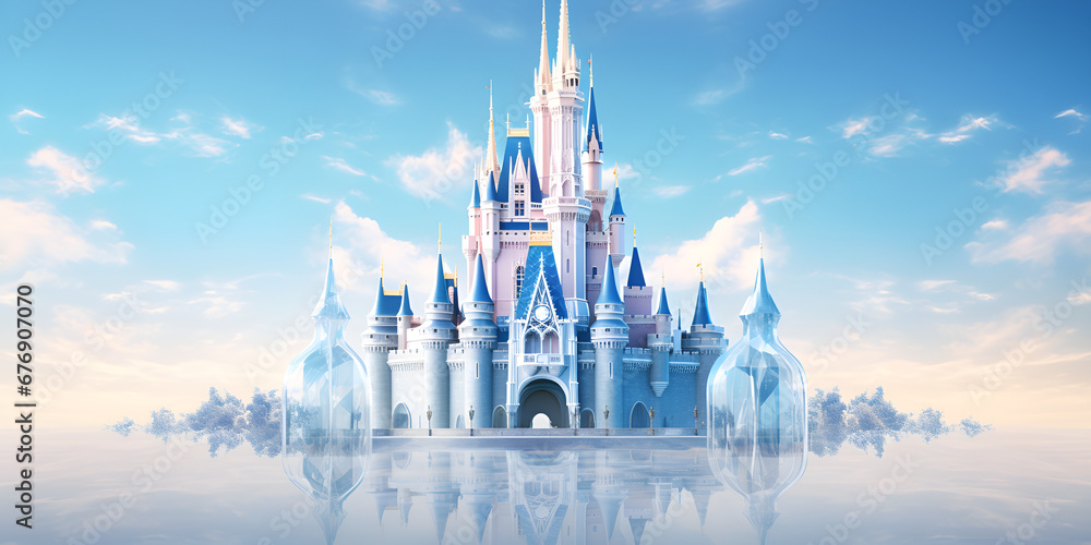 Cinderella's Dream Place, Image of Fairy Tale Cinderella Royal Castle on mirror floor in fantasy in blue and white color generative AI - obrazy, fototapety, plakaty 