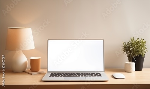 Mockup laptop with white screen, simple interior, desk with laptop and lamp on it. 