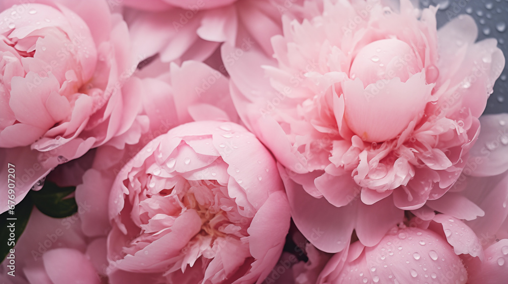 Bouquet of stylish peonies close-up. Pink and white peony flowers. Close-up of flower petals with water drops. Floral wallpaper. Delicate abstract floral pastel background. Generated AI Bouquet of stylish peonies close-up. Pink and white peony flowers. Close-up of flower petals with water drops. Floral wallpaper. Delicate abstract floral pastel background. Generated AI