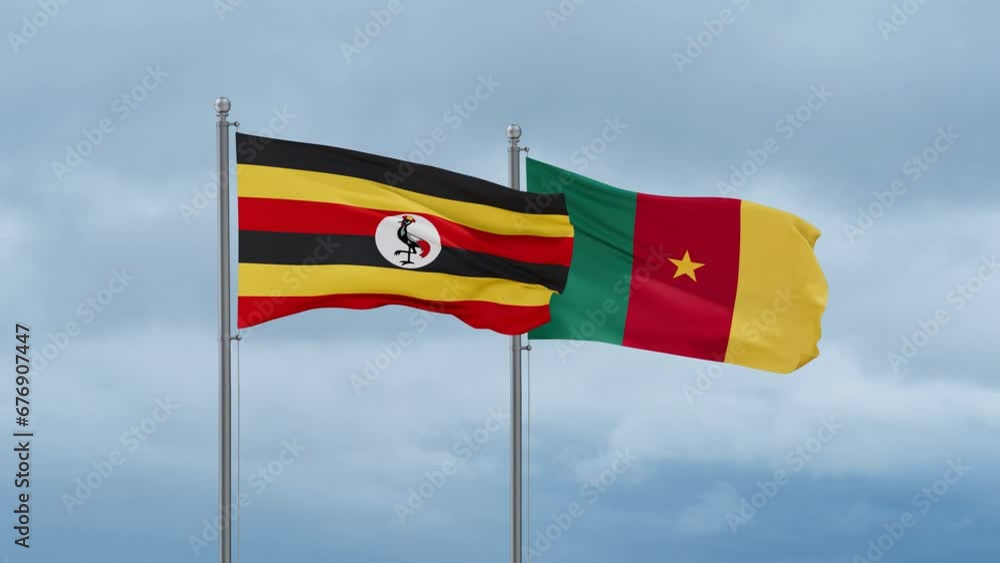 Cameroon flag and Uganda flag waving together on cloudy sky, endless seamless loop, two country relations concept Cameroon flag and Uganda flag waving together on cloudy sky, endless seamless loop, two country relations concept