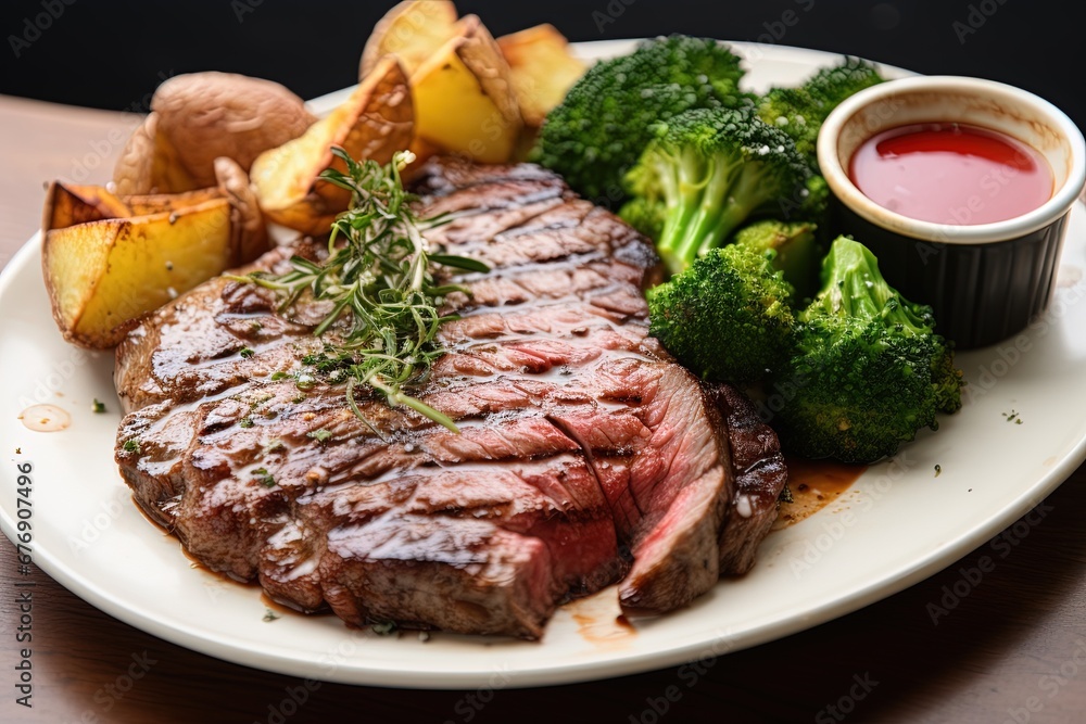 A plate with a juicy red steak, perfectly grilled, surrounded by roasted potatoes, steamed broccoli, and a drizzle of savory sauce A plate with a juicy red steak, perfectly grilled, surrounded by roasted potatoes, steamed broccoli, and a drizzle of savory sauce