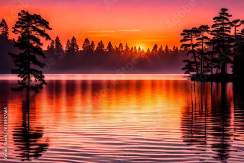 A serene lakeside sunset, where the golden hues of the sun dip below the horizon, casting a warm glow on the rippling water. 