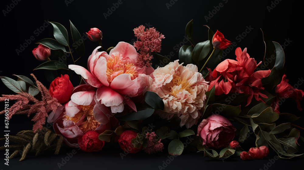 Beautiful bouquet of peonies and different flowers on a black background. Flower petals. Floral wallpaper. Pattern from natural flowers. Floral card design with dark vintage effect. Generated AI