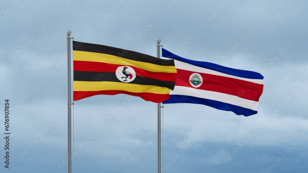 Costa Rico and Uganda flag waving together on cloudy sky, endless seamless loop, two country cooperation concept Costa Rico and Uganda flag waving together on cloudy sky, endless seamless loop, two country cooperation concept