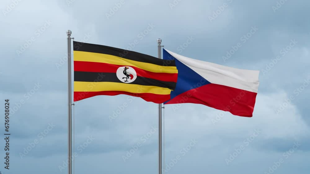 Czech Republic flag and Uganda flag waving together on cloudy sky, endless seamless loop, two country relations concept Czech Republic flag and Uganda flag waving together on cloudy sky, endless seamless loop, two country relations concept