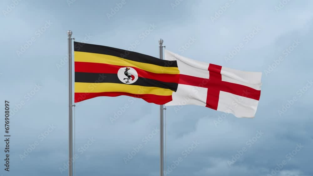 England flag and Uganda flag waving together on cloudy sky, endless seamless loop, two country relations concept England flag and Uganda flag waving together on cloudy sky, endless seamless loop, two country relations concept