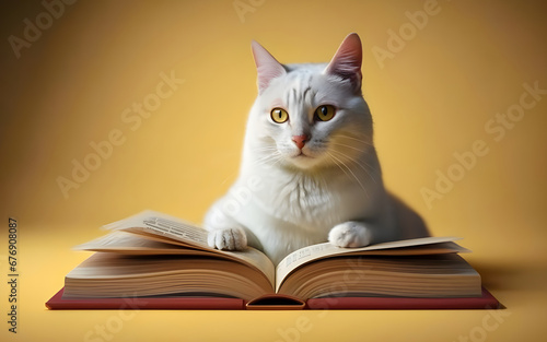 white cat and reads a book yellow background