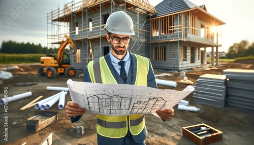 An architect in safety gear referring to blueprints at the construction site of a new house, with building materials and equipment.