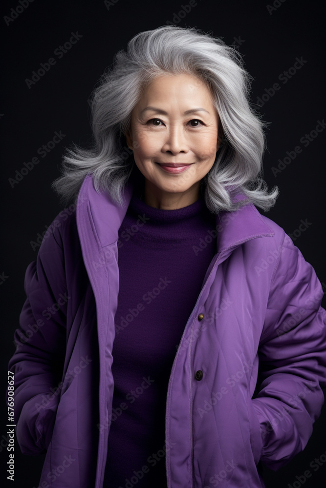 Elegant Asian Matriarch with Graceful Gray Tresses, Captured in Serene Portrait against Subdued Gray Backdrop, AI generated Elegant Asian Matriarch with Graceful Gray Tresses, Captured in Serene Portrait against Subdued Gray Backdrop, AI generated