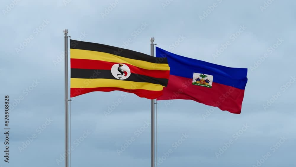 Haiti flag and Uganda flag waving together on cloudy sky, endless seamless loop, two country relations concept Haiti flag and Uganda flag waving together on cloudy sky, endless seamless loop, two country relations concept