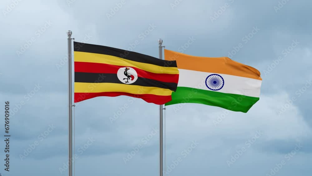 India flag and Uganda flag waving together on cloudy sky, endless seamless loop, two country relations concept India flag and Uganda flag waving together on cloudy sky, endless seamless loop, two country relations concept