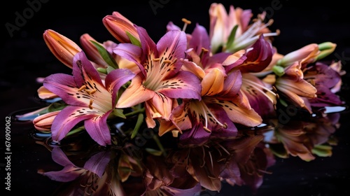 Bouquet of lilies and Alstroemeria on a black background. Mother s day concept with a space for a text. Valentine day concept with a copy space.