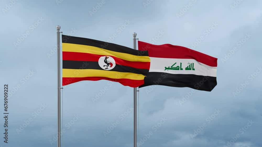 Iraq flag and Uganda flag waving together on blue sky, looped video Iraq flag and Uganda flag waving together on blue sky, looped video