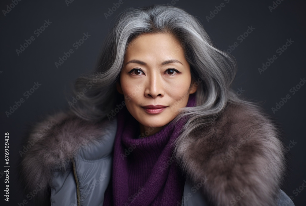 Elegant Asian Matriarch with Graceful Gray Tresses, Captured in Serene Portrait against Subdued Gray Backdrop, AI generated Elegant Asian Matriarch with Graceful Gray Tresses, Captured in Serene Portrait against Subdued Gray Backdrop, AI generated