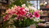 Bouquet of pink and white alstroemeria flowers in vase. Mother's day concept with a space for a text. Valentine day concept with a copy space.