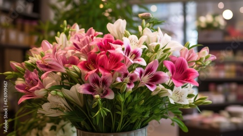 Bouquet of pink and white alstroemeria flowers in vase. Mother's day concept with a space for a text. Valentine day concept with a copy space.