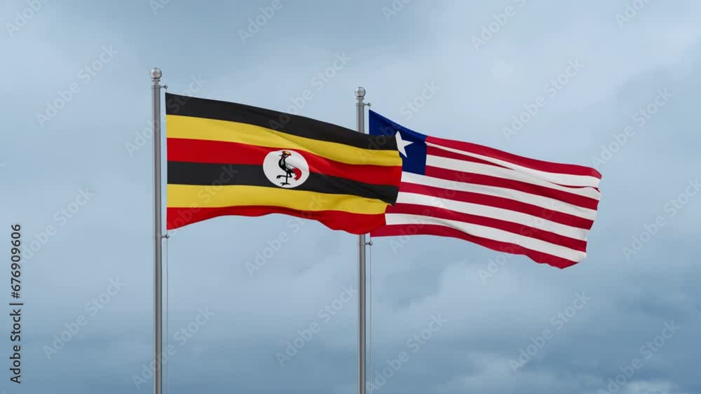 Liberia and Uganda flag waving together on cloudy sky, endless seamless loop, two country cooperation concept Liberia and Uganda flag waving together on cloudy sky, endless seamless loop, two country cooperation concept