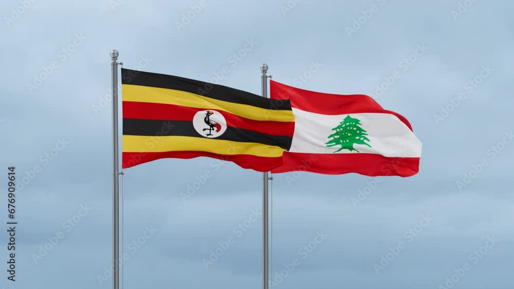 Lebanon flag and Uganda flag waving together on cloudy sky, endless seamless loop, two country relations concept Lebanon flag and Uganda flag waving together on cloudy sky, endless seamless loop, two country relations concept
