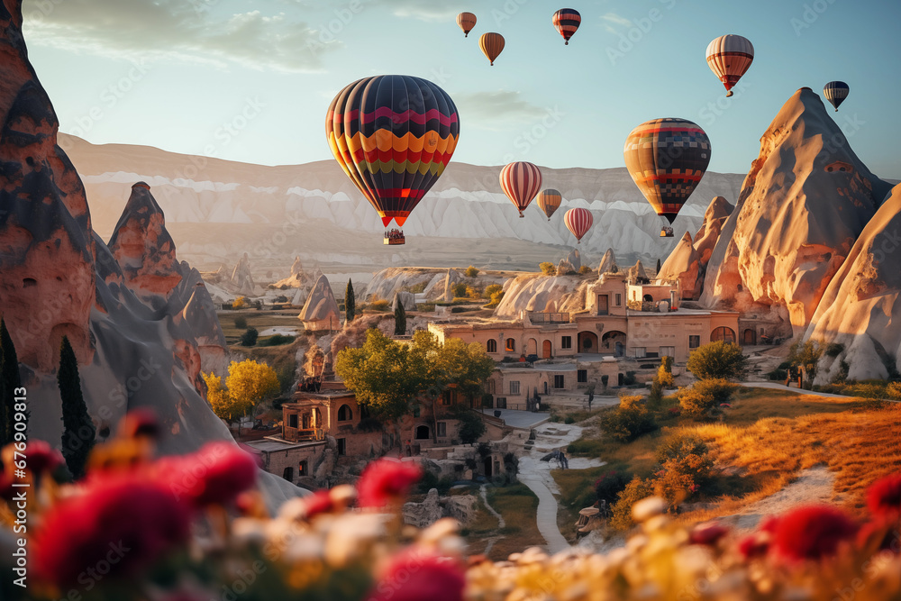 vibrant hot-air balloons hovering in the sky on sunrise, Cappadocia, Turkey - obrazy, fototapety, plakaty 