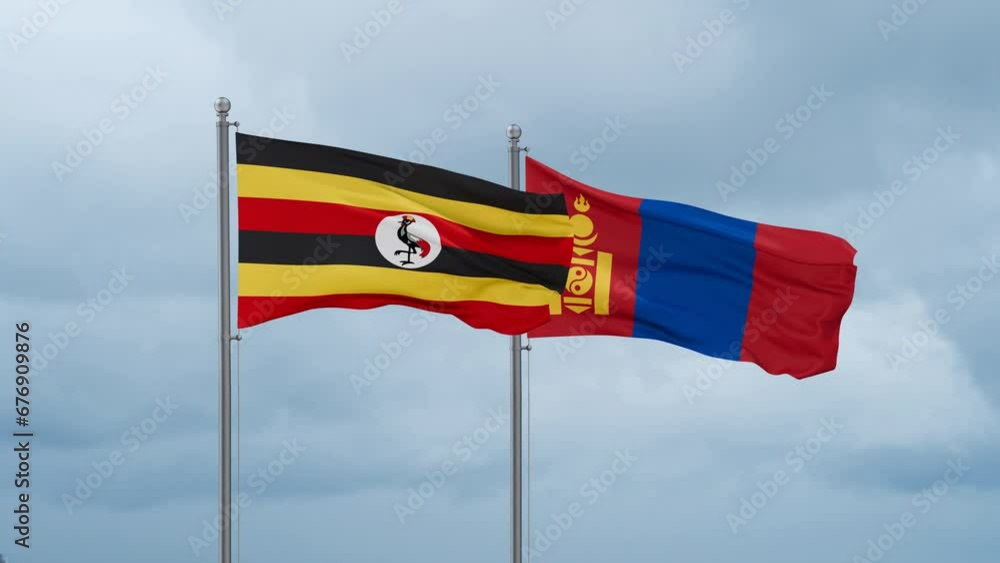 Mongolia and Uganda flag waving together on cloudy sky, endless seamless loop, two country cooperation concept Mongolia and Uganda flag waving together on cloudy sky, endless seamless loop, two country cooperation concept