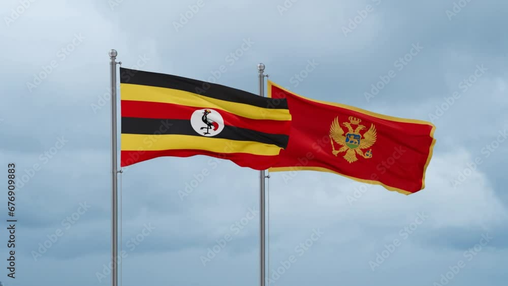 Montenegro and Uganda flag waving together on cloudy sky, endless seamless loop, two country cooperation concept Montenegro and Uganda flag waving together on cloudy sky, endless seamless loop, two country cooperation concept