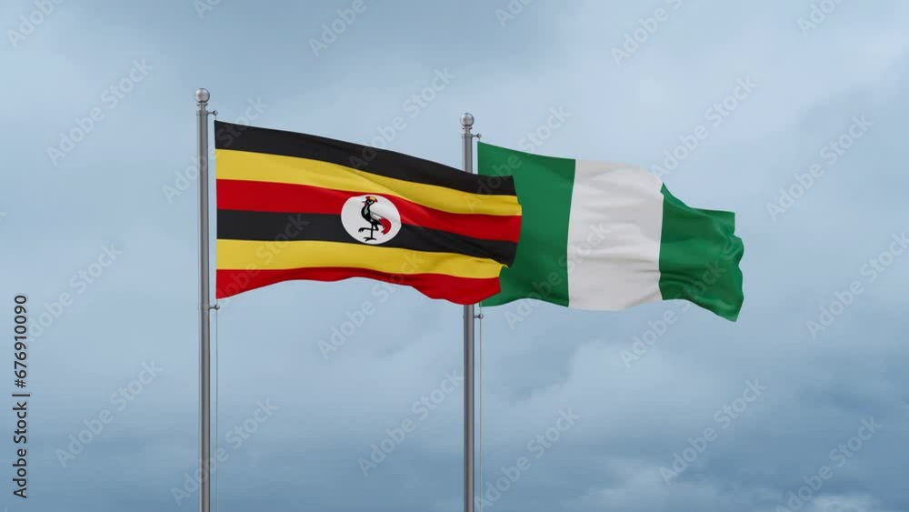 Nigeria flag and Uganda flag waving together on cloudy sky, endless seamless loop, two country relations concept Nigeria flag and Uganda flag waving together on cloudy sky, endless seamless loop, two country relations concept