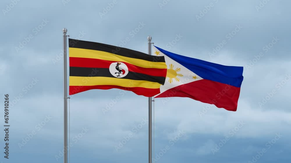 Philippines and Uganda flag waving together on cloudy sky, endless seamless loop, two country cooperation concept Philippines and Uganda flag waving together on cloudy sky, endless seamless loop, two country cooperation concept