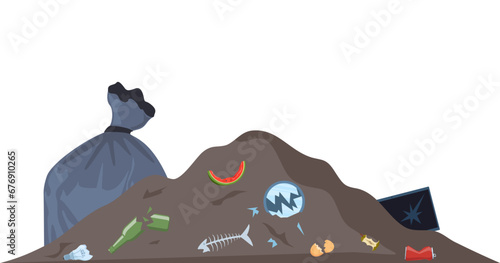 Big heap of trash and waste bag. Garage dump with mountain of trash and waste bag, disgusting heap of household waste, environmental pollution. Vector illustration.