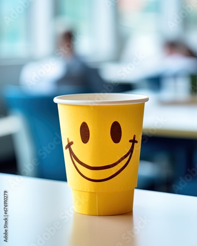 Cup of coffee with smiling face emoji. Generative Ai