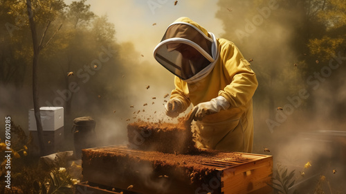 Beekeeper tends to buzzing hives among flowers in a vibrant garden scene.