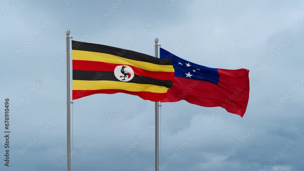 Samoa and Uganda flag waving together on cloudy sky, endless seamless loop, two country cooperation concept Samoa and Uganda flag waving together on cloudy sky, endless seamless loop, two country cooperation concept