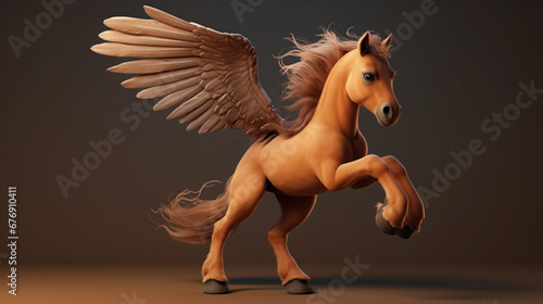 Mythical pegasus in motion, wings outstretched, poised.