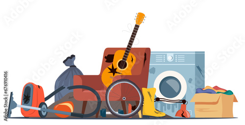 Big heap of trash. Electronic appliances, furniture, old clothes, broken equipment. Waste pile. Unwanted technology devices, not working digital rubbish, dangerous used materials. Vector illustration.
