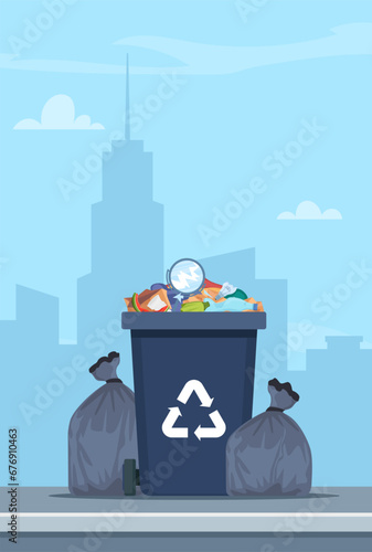 Full garbage bin and black plastic trash bags around. Overflowing recycling container with trash. Black recycle can. Street dump pollution, trashcan basket. City on background. Vector illustration.