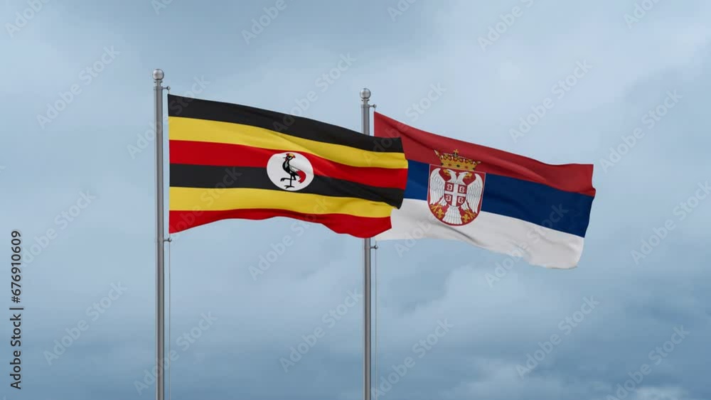 Republic of Serbia and Uganda flag waving together on cloudy sky, endless seamless loop, two country cooperation concept Republic of Serbia and Uganda flag waving together on cloudy sky, endless seamless loop, two country cooperation concept