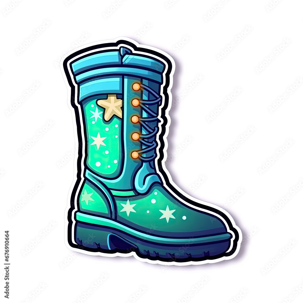 Cartoon magic boot emoji. Christmas boot with stars glows sticker. New Year of boots. Collection