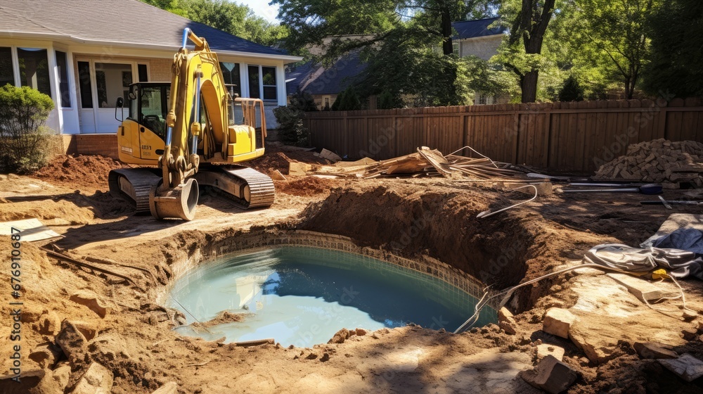 Small Bulldozer Digging In Yard For Pool Installation Small Bulldozer Digging In Yard For Pool Installation