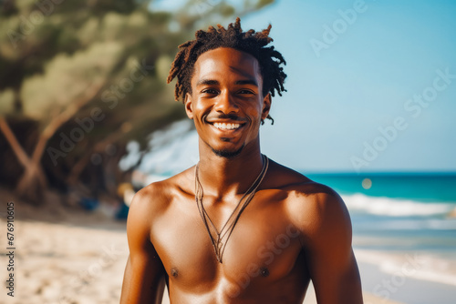 Happy handsome young black man smiling at the beach. Summer at the beach, positivity and happy carefree lifestyle.