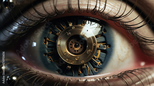 Mechanical iris within a human eye, steampunk vision.
