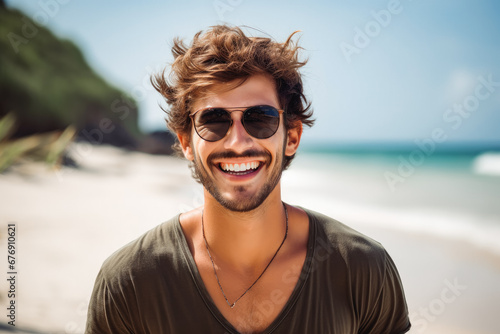 Happy handsome young caucasian man smiling at the beach. Summer at the beach, positivity and happy carefree lifestyle.