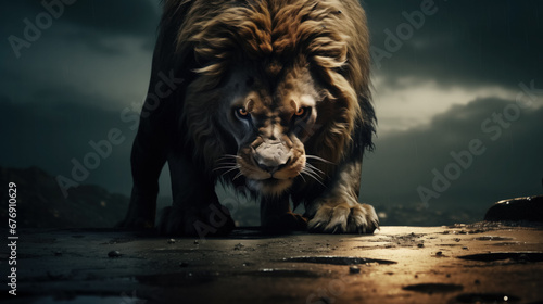 Intense lion stalking forward under a tempestuous sky.