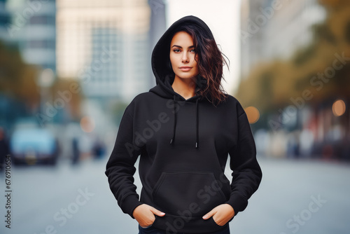 Woman wearing plain black hoodie for mockup. Fashion model female with black hoodie and neutral background. Black hoodie mockup. photo