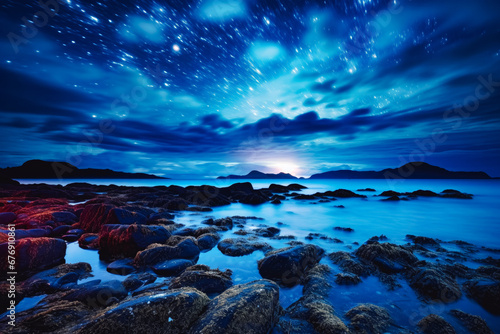 Beach and starry sky and moon in the night sky. Night time at the beach, looking at the stars. Romantic night at the beach stargazing. © VisualProduction