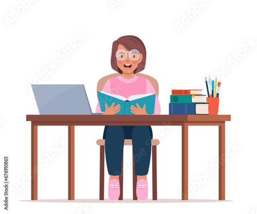 Online learning. Primary school girl pupil sit at desk. Knowledge, creativity, discoveries. Online courses of preschool education, distance learning or homeschooling. Vector illustration.