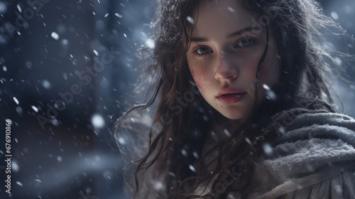 Solemn girl in snow, a portrait of winter's embrace.