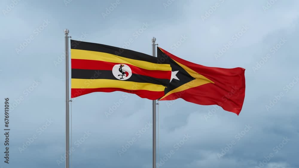 East Timor and Uganda flag waving together on cloudy sky, endless seamless loop, two country cooperation concept East Timor and Uganda flag waving together on cloudy sky, endless seamless loop, two country cooperation concept