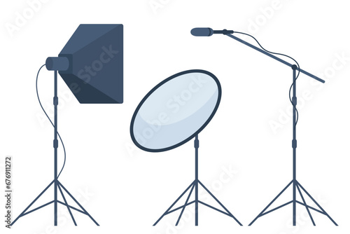 Different types of professional lighting equipment for blogging, vlogging and studio photo and video. Vector illustration.