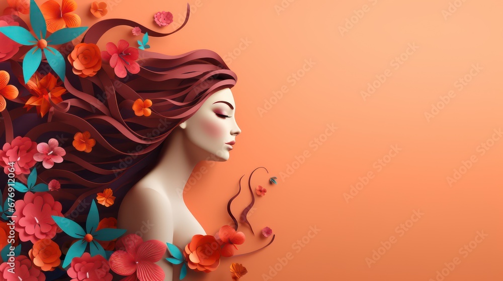 Womens day banner  of beautiful lady with flowers  papercut style , orange background  with copy space 