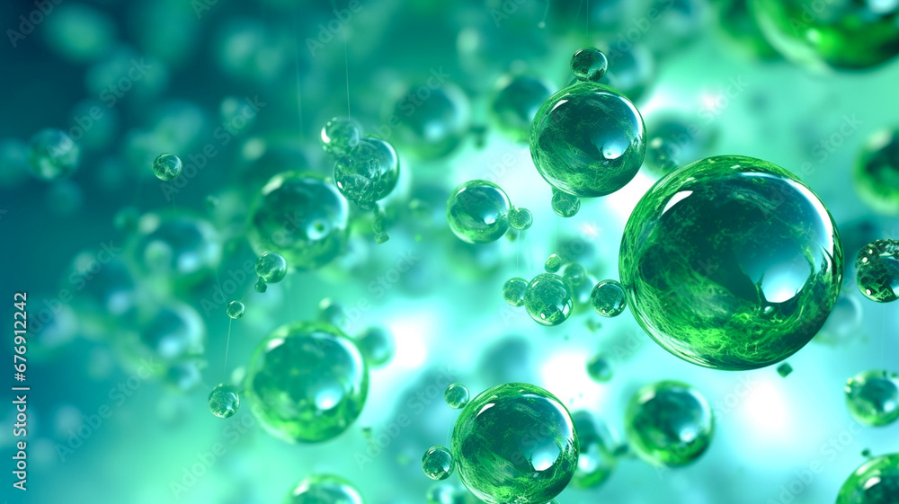 Green Hydrogen H2 gas molecule. New Green Energy Water Fuel Cell Future Hydrogen for sustainability environment. H2 molecule in the bubbles in the liquid.
