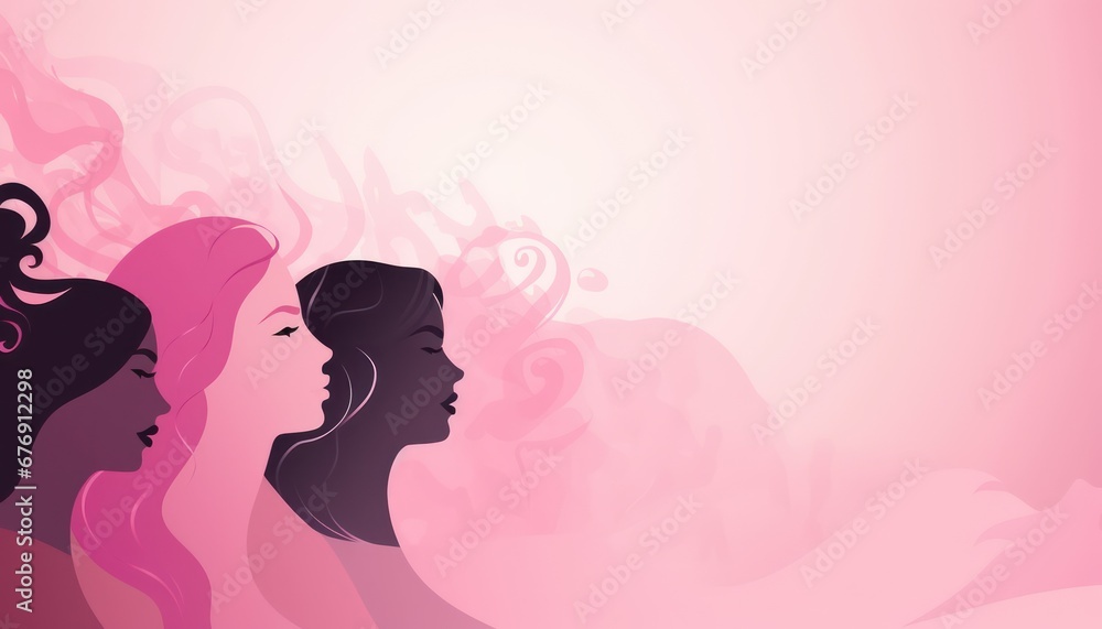 silhouette of  a diverse  women from different  ethnicity  , pink rose color  banner 